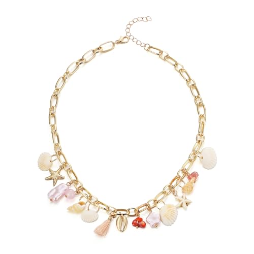 EVER FAITH Sommer Charms Halskette für Damen, 14K Gold plattiert Muschel Charme Seestern Barock Perle Büroklammer Chunky Bib Statement Choker Ozean Schmuck für Urlaub von EVER FAITH