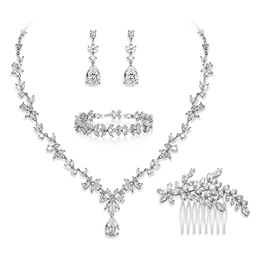 EVER FAITH Zirkon Simulierte Perle Blume Blatt Filigrane Halskette Ohrringe Armband Set Klar (Kristall mit Haarschmuck) von EVER FAITH
