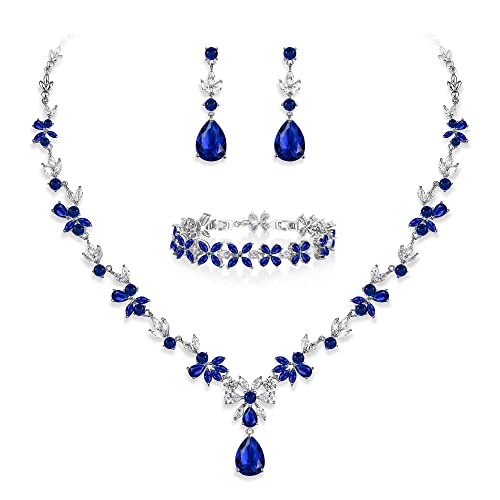 EVER FAITH Sschmuck Set für Damen Hochzeit Party Cubic Zirkonia Fashion Floral Blatt Halskette,Baumeln Ohrringe und Tennis Armband Blau Siler-Ton EVER FAITH Sschmuck Set für Damen Hochzeit Party Cubic Zirkonia Fashion Floral Blatt Halskette,Baumeln Ohrringe und Tennis Armband Blau Siler-Ton von EVER FAITH