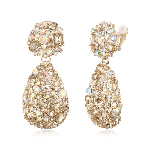 EVER FAITH Statement Clip-on Ohrringe Strass Chic Mode Sparkly Marquise Wasser Tropfen Kristall Ohrclips für Damen Mädchen Braun Gold-Tone von EVER FAITH