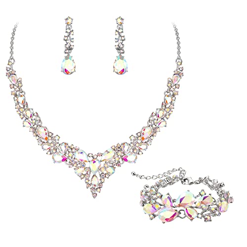 EVER FAITH Statement Halskette Ohrringe und Armband Set für Damen österreichische Kristall Tropfen Cluster Schmuckset Iridescent Klar AB EVER FAITH Statement Halskette Ohrringe und Armband Set für Damen österreichische Kristall Tropfen Cluster Schmuckset Iridescent Klar AB von EVER FAITH