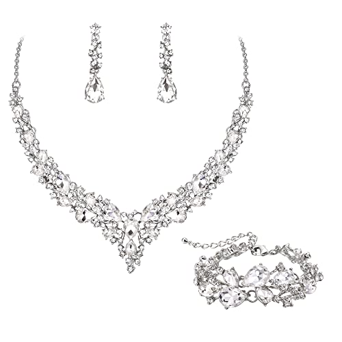 EVER FAITH Statement Halskette Ohrringe und Armband Set für Damen österreichische Kristall Tropfen Cluster Schmuckset Klar Silber-Ton von EVER FAITH