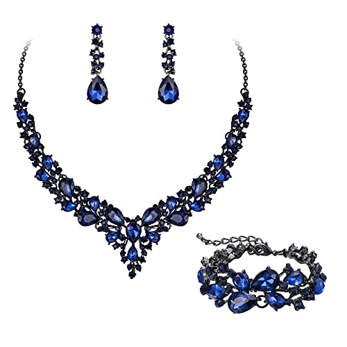EVER FAITH Statement Halskette Ohrringe und Armband Set für Damen österreichische Kristall Tropfen Cluster Schmuckset Navy Blau Schwarz-Tone EVER FAITH Statement Halskette Ohrringe und Armband Set für Damen österreichische Kristall Tropfen Cluster Schmuckset Navy Blau Schwarz-Tone von EVER FAITH
