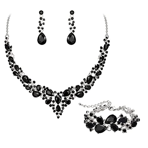 EVER FAITH Statement Halskette Ohrringe und Armband Set für Damen österreichische Kristall Tropfen Cluster Schmuckset Schwarz Silber-Tone EVER FAITH Statement Halskette Ohrringe und Armband Set für Damen österreichische Kristall Tropfen Cluster Schmuckset Schwarz Silber-Tone von EVER FAITH