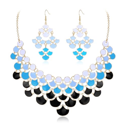 EVER FAITH Statement Kragen Halskette mit Ohrringe Set Farbverlauf Blau Emaille Vintage Chunky Bib Halskette Modeschmuck Sets für Damen von EVER FAITH