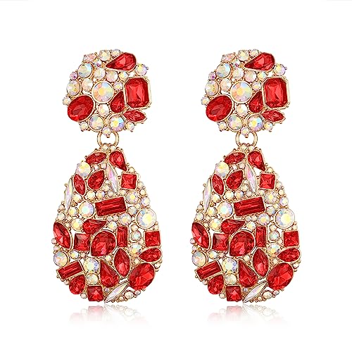 EVER FAITH Statement Ohrringe Mode Chic Art Deco Marquise Tropfen Strass Kristall Baumeln Ohrringe für Damen Mädchen Rot Gold-Tonee von EVER FAITH