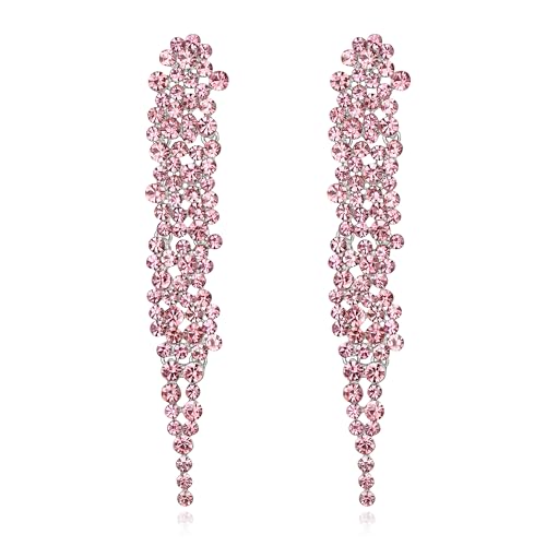 EVER FAITH Statement Ohrringe Strass Kristall Bankett lange Kronleuchter baumeln Ohrstecker für Damen Prom Hochzeit Braut Rosa Silber-Ton von EVER FAITH
