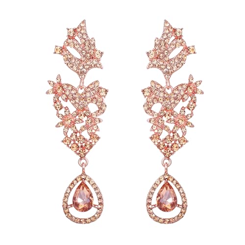 EVER FAITH Statement Ohrringe für Damen Kostüm Hochzeit Party Schmuck Marquise Kristall Blume Boho Kronleuchter lange Ohrstecker Champagner Rosegold-Ton von EVER FAITH