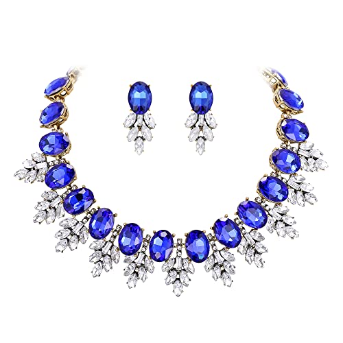 EVER FAITH Statement-Schmuck-Set Vintage Kristall Marquise Oval Strass Choker Anhänger Halskette Ohrringe Set für Damen Kostüm Blau Antik-Gold-Ton von EVER FAITH