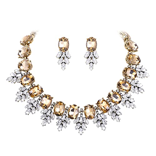 EVER FAITH Statement-Schmuck-Set Vintage Kristall Marquise Oval Strass Choker Anhänger Halskette Ohrringe Set für Damen Kostüm Braun Antik Gold-Ton von EVER FAITH