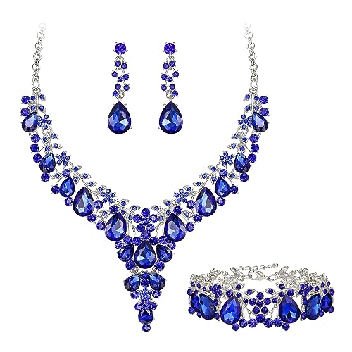 EVER FAITH Statement Schmuckset für Damen Kristall Blume rund Teardrop Braut Halskette baumeln Ohrringe und Armband Set Dunkelblau Silber-Tone von EVER FAITH