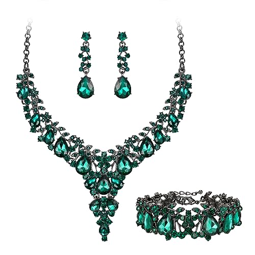 EVER FAITH Statement Schmuckset für Damen Kristall Blume rund Teardrop Braut Halskette baumeln Ohrringe und Armband Set Grün Schwarz-Tone EVER FAITH Statement Schmuckset für Damen Kristall Blume rund Teardrop Braut Halskette baumeln Ohrringe und Armband Set Grün Schwarz-Tone von EVER FAITH