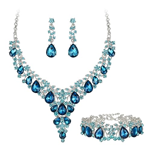 EVER FAITH Statement Schmuckset für Damen Kristall Blume rund Teardrop Braut Halskette baumeln Ohrringe und Armband Set Hellblau Silber-Tone von EVER FAITH