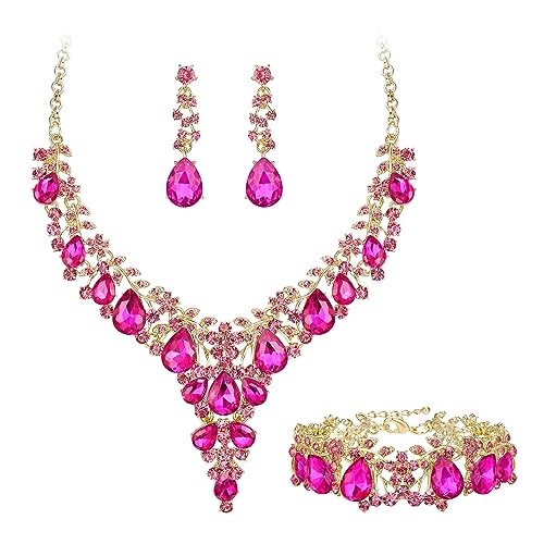 EVER FAITH Statement Schmuck Set für Damen Kristall Blume rund Teardrop Statement Braut Halskette,baumeln Ohrringe und Armband Set Hot Pink Gold-Tone von EVER FAITH