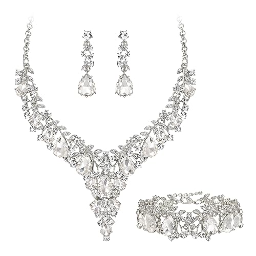 EVER FAITH Statement Schmuckset für Damen Kristall Blume rund Teardrop Braut Halskette baumeln Ohrringe und Armband Set Klar Silber-Tone von EVER FAITH