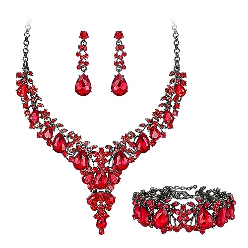 EVER FAITH Statement Schmuckset für Damen Kristall Blume rund Teardrop Braut Halskette baumeln Ohrringe und Armband Set Rot Schwarz-Tone von EVER FAITH
