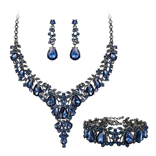 EVER FAITH Statement Schmuckset für Damen Kristall Blume rund Teardrop Braut Halskette baumeln Ohrringe und Armband Set Saphirblau Schwarz-Tone von EVER FAITH
