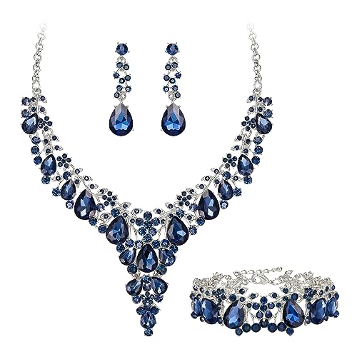 EVER FAITH Statement Schmuckset für Damen Kristall Blume rund Teardrop Braut Halskette baumeln Ohrringe und Armband Set Saphirblau Silber-Ton von EVER FAITH