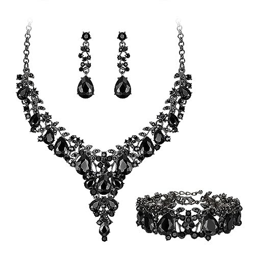 EVER FAITH Statement Schmuckset für Damen Kristall Blume rund Teardrop Braut Halskette baumeln Ohrringe und Armband Set Schwarz Schwarz-Tone von EVER FAITH