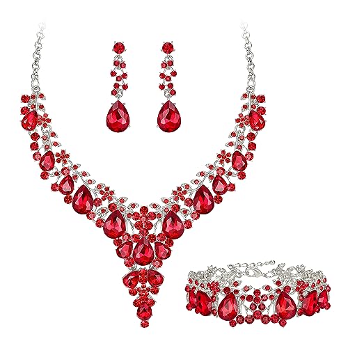 EVER FAITH Statement Schmuckset für Damen Kristall Blume rund Teardrop Braut Halskette baumeln Ohrringe und Armband Set Rot Silber-Tone von EVER FAITH