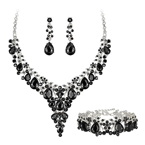 EVER FAITH Statement Schmuckset für Damen Kristall Blume rund Teardrop Braut Halskette baumeln Ohrringe und Armband Set Schwarz Silber-Tone von EVER FAITH