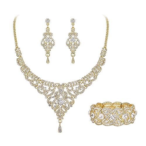 EVER FAITH Statment Schmuck-Set Kristall Retro 1920er Vase Art Deco Braut Prom Halskette, Ohrringe und Stretch Armband Set für Damen Hochzeit Party Klar Gold-Ton von EVER FAITH