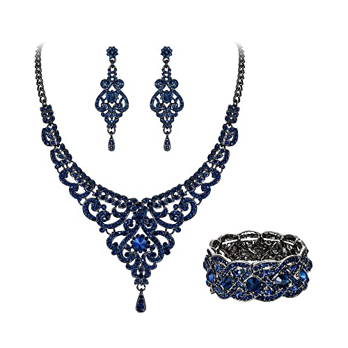 EVER FAITH Statment Schmuck-Set Kristall Retro 1920er Vase Art Deco Braut Prom Halskette, Ohrringe und Stretch Armband Set für Damen Hochzeit Party Saphir-Blau Schwarz-Ton von EVER FAITH