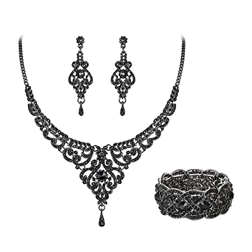 EVER FAITH Statment Schmuck-Set Kristall Retro 1920er Vase Art Deco Braut Prom Halskette, Ohrringe und Stretch Armband Set für Damen Hochzeit Party Schwarz von EVER FAITH