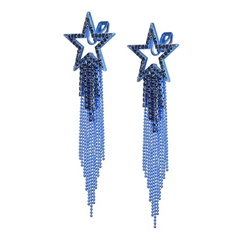 EVER FAITH Stern Quaste Clip-on Ohrringe Kristall lange Wasserfall Perlen Fransen Kronleuchter baumeln Statement Ohrclips für Damen Hochzeit Party Schmuck Saphirblau Blau-Ton von EVER FAITH