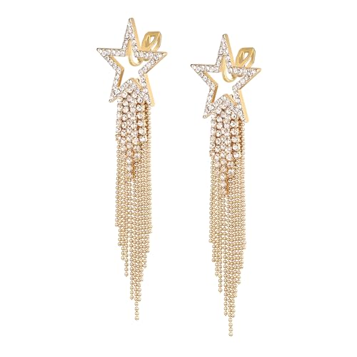 EVER FAITH Stern Quaste Clip-on Ohrringe Kristall lange Wasserfall Perlen Fransen Kronleuchter baumeln Statement Ohrclips für Damen Hochzeit Party Schmuck Klar Gold-Ton von EVER FAITH