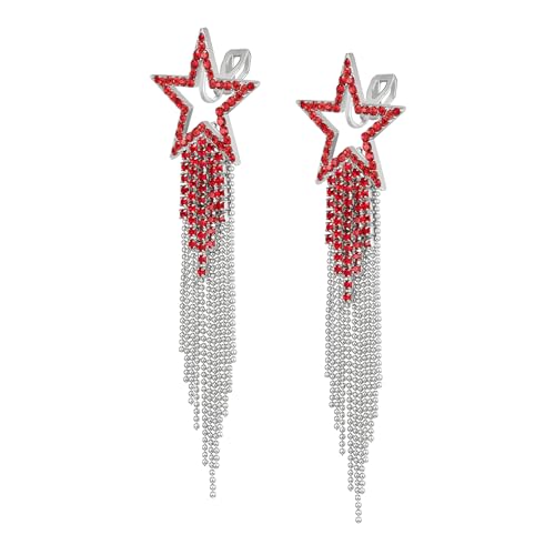 EVER FAITH Stern Quaste Clip-on Ohrringe Kristall lange Wasserfall Perlen Fransen Kronleuchter baumeln Statement Ohrclips für Damen Hochzeit Party Schmuck Rot Silber-Ton von EVER FAITH