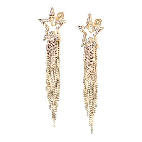 EVER FAITH Stern Quaste Clip-on Ohrringe Kristall lange Wasserfall Perlen Fransen Kronleuchter baumeln Statement Ohrclips für Damen Hochzeit Party Schmuck Schillernd Klar AB Gold-Ton von EVER FAITH