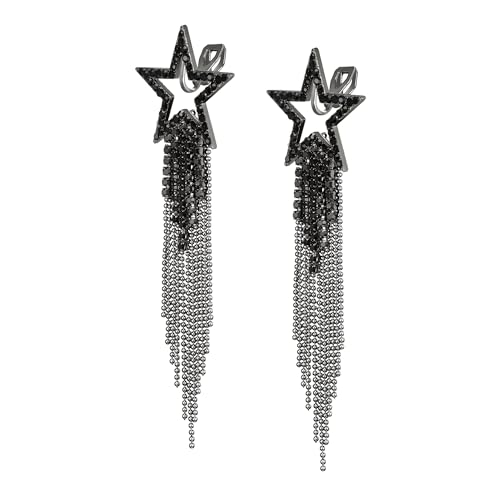 EVER FAITH Stern Quaste Clip-on Ohrringe Kristall lange Wasserfall Perlen Fransen Kronleuchter baumeln Statement Ohrclips für Damen Hochzeit Party Schmuck Schwarz Schwarz-Ton von EVER FAITH