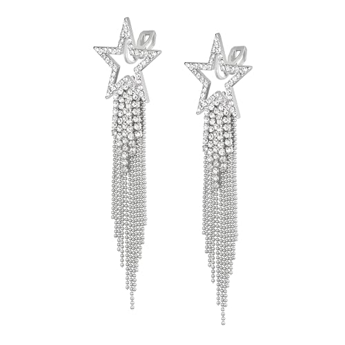 EVER FAITH Stern Quaste Clip-on Ohrringe Kristall lange Wasserfall Perlen Fransen Kronleuchter baumeln Statement Ohrclips für Damen Hochzeit Party Schmuck klar Silber-Ton von EVER FAITH