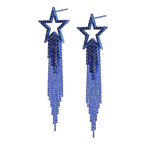 EVER FAITH Stern Quasten Ohrringe für Damen Mädchen Tassel Dangle Strass Kristall lange Wasserfall Perlen Fransen Kronleuchter Tropfen Statement Ohrringe Hochzeit Schmuck Blau von EVER FAITH