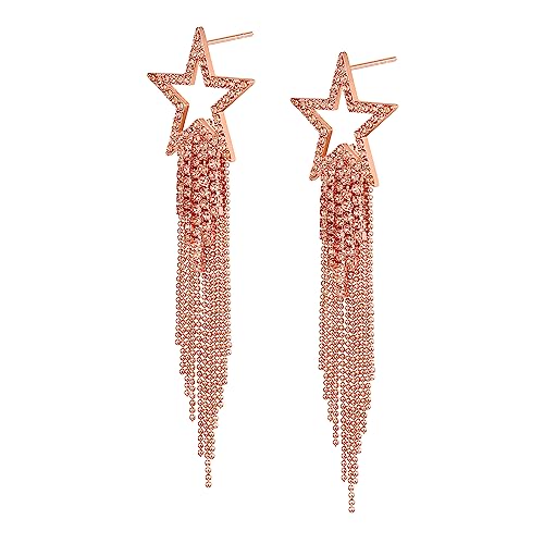 EVER FAITH Stern Quasten Ohrringe für Damen Mädchen Tassel Dangle Strass Kristall lange Wasserfall Perlen Fransen Kronleuchter Tropfen Statement Ohrringe Hochzeit Schmuck Champagner Rose Gold-Ton von EVER FAITH