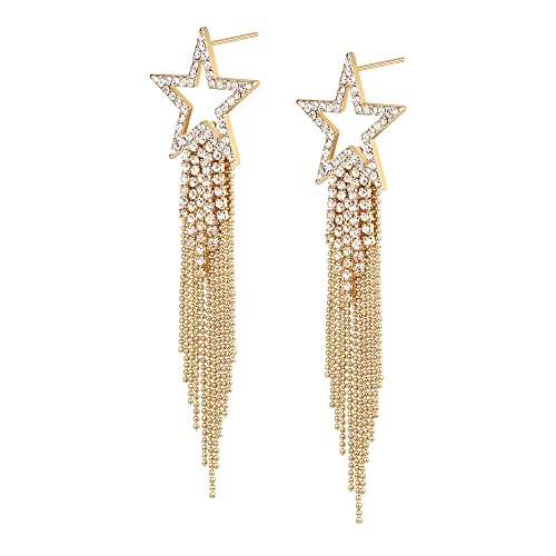 EVER FAITH Stern Quasten Ohrringe für Damen Mädchen Tassel Dangle Strass Kristall lange Wasserfall Perlen Fransen Kronleuchter Tropfen Statement Ohrringe Hochzeit Schmuck Klar Gold-Ton von EVER FAITH