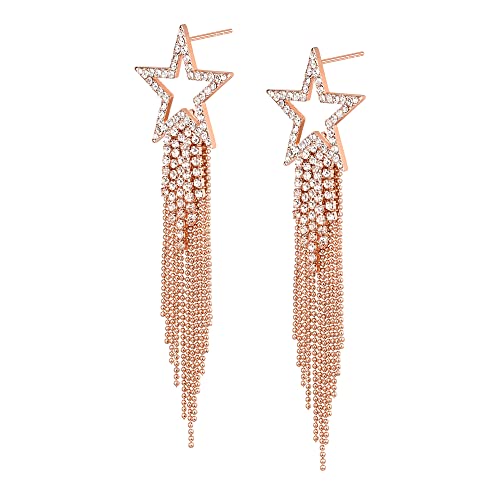 EVER FAITH Stern Quasten Ohrringe für Damen Mädchen Tassel Dangle Strass Kristall lange Wasserfall Perlen Fransen Kronleuchter Tropfen Statement Ohrringe Hochzeit Schmuck Klar Rose Gold-Tone von EVER FAITH