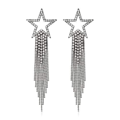 EVER FAITH Stern Quasten Ohrringe für Damen Mädchen Tassel Dangle Strass Kristall lange Wasserfall Perlen Fransen Kronleuchter Tropfen Statement Ohrringe Hochzeit Schmuck Klar Schwarz-Ton von EVER FAITH