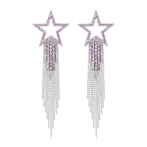 EVER FAITH Stern Quasten Ohrringe für Damen Mädchen Tassel Dangle Strass Kristall lange Wasserfall Perlen Fransen Kronleuchter Tropfen Statement Hochzeit Schmuck Lila Silber-Ton von EVER FAITH