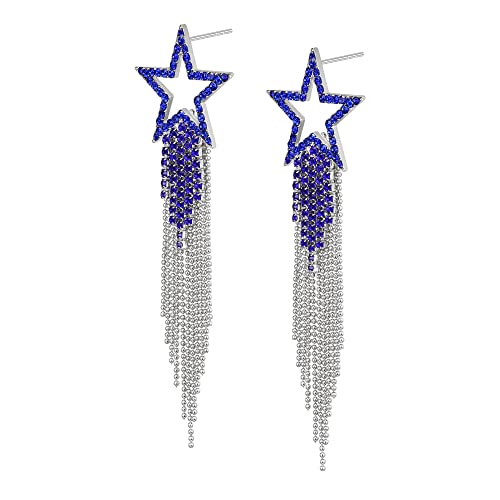 EVER FAITH Stern Quasten Ohrringe für Damen Mädchen Tassel Dangle Strass Kristall lange Wasserfall Perlen Fransen Kronleuchter Tropfen Statement Ohrringe Hochzeit Schmuck Marineblau Silber-Ton von EVER FAITH