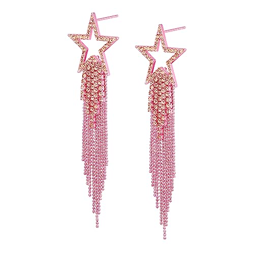 EVER FAITH Stern Quasten Ohrringe für Damen Mädchen Tassel Dangle Strass Kristall lange Wasserfall Perlen Fransen Kronleuchter Tropfen Statement Ohrringe Hochzeit Schmuck Rosa Rosa-Ton von EVER FAITH