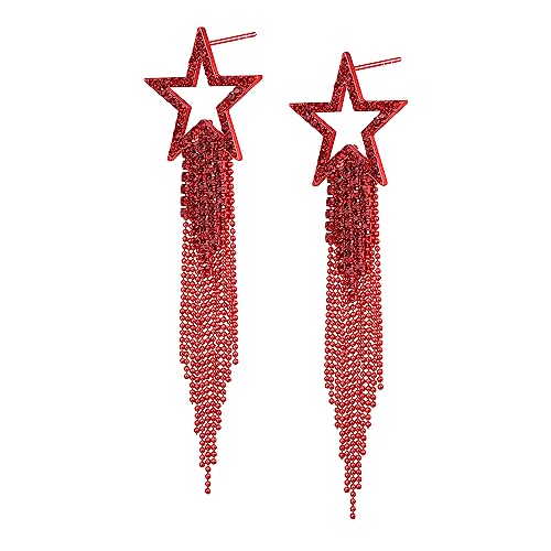 EVER FAITH Stern Quasten Ohrringe für Damen Mädchen Tassel Dangle Strass Kristall lange Wasserfall Perlen Fransen Kronleuchter Tropfen Statement Ohrringe Hochzeit Schmuck Rot Rot-Ton von EVER FAITH