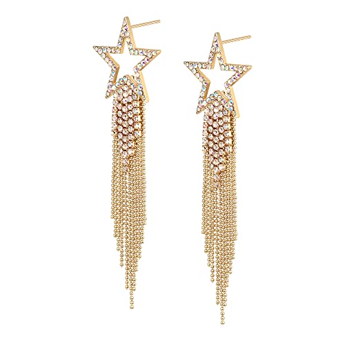 EVER FAITH Stern Quasten Ohrringe für Damen Mädchen Tassel Dangle Strass Kristall lange Wasserfall Perlen Fransen Kronleuchter Tropfen Statement Ohrringe Hochzeit Schmuck Schillernd Klar AB Gold-Tone von EVER FAITH