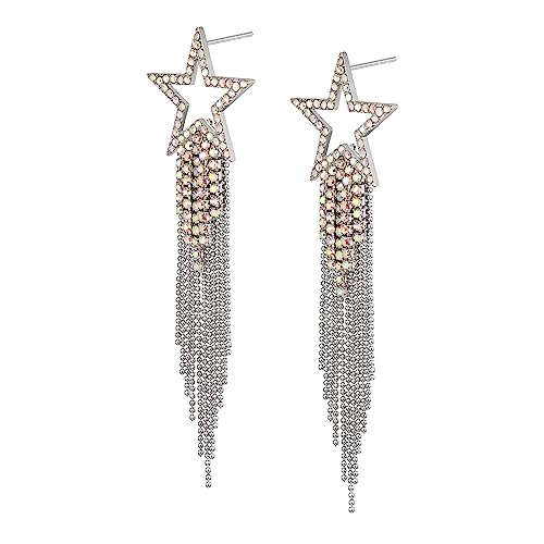 EVER FAITH Stern Quasten Ohrringe für Damen Mädchen Tassel Dangle Strass Kristall lange Wasserfall Perlen Fransen Kronleuchter Tropfen Statement Ohrringe Hochzeit Schmuck Schillernder AB Silber-Ton von EVER FAITH