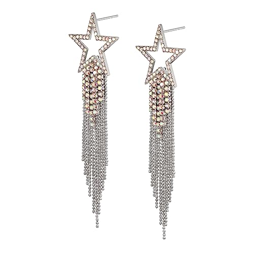 EVER FAITH Stern Quasten Ohrringe für Damen Mädchen Tassel Dangle Strass Kristall lange Wasserfall Perlen Fransen Kronleuchter Tropfen Statement Hochzeit Schmuck Schillernder AB Silber-Ton von EVER FAITH