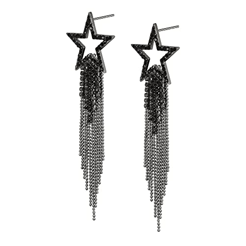 EVER FAITH Stern Quasten Ohrringe für Damen Mädchen Tassel Dangle Strass Kristall lange Wasserfall Perlen Fransen Kronleuchter Tropfen Statement Ohrringe Hochzeit Schmuck Schwarz von EVER FAITH