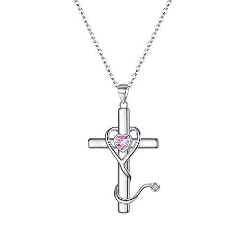 EVER FAITH Stethoskop Kreuz Halskette Glücksbringer für Damen Mädchen 925 Sterling Silber Cubic Ziconia Geburtsstein Rosa Silber-Ton von EVER FAITH