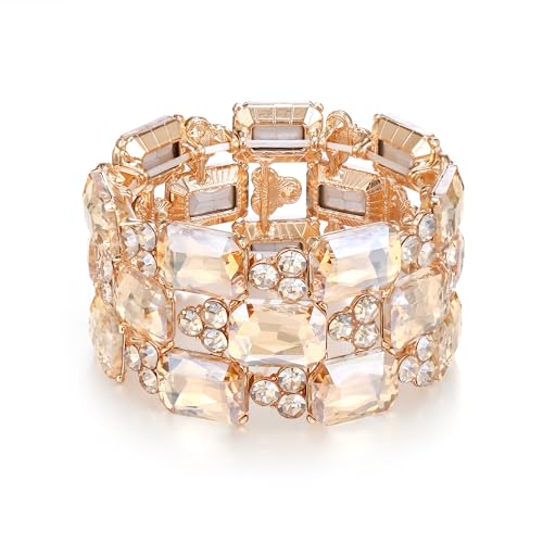 EVER FAITH Strass Armband für Damen Hochzeit Prom Radiantschliff österreichischen Kristall 3 Schichten elastische Stretch breite Armkette Schmuck Champagner Gold-Ton von EVER FAITH
