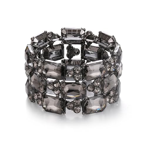 EVER FAITH Strass Armband für Damen Hochzeit Prom Radiantschliff österreichischen Kristall 3 Schichten elastische Stretch breite Armkette Schmuck Grau Schwarz-Ton von EVER FAITH